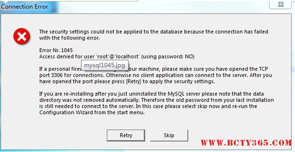 解决 error Nr.1045 卡在Mysql Server Instance Configuration Wizard